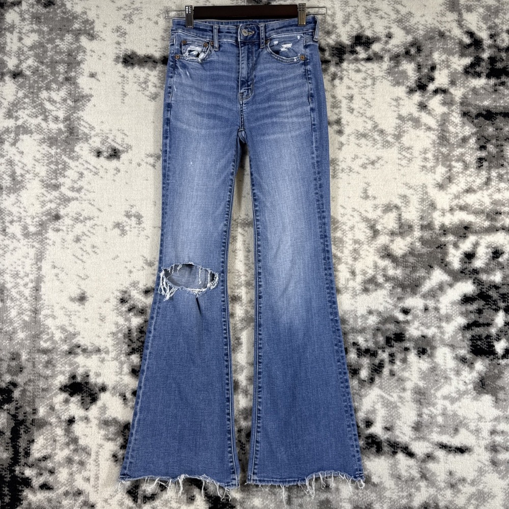 American Eagle Super Hi Rise Flare Jeans Womens Size 00 Cowgirl Boho‎ Hippie